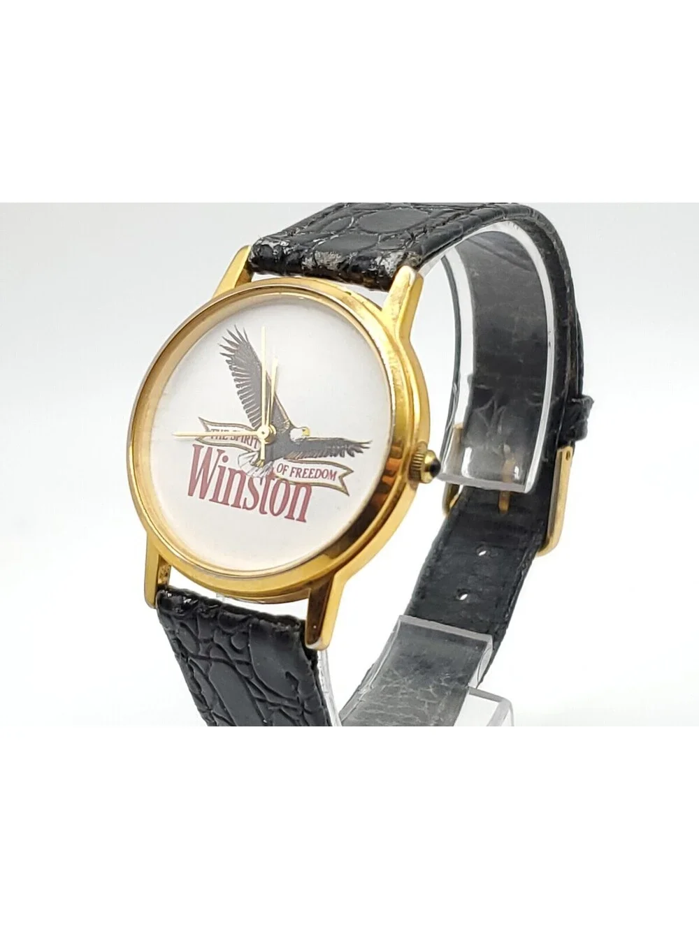Winston Quartz Watch New Battery Gold Tone Black Band Round 32mm